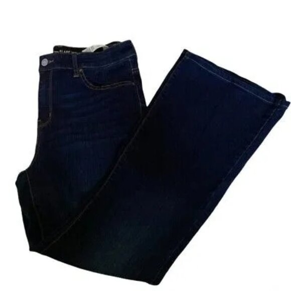 Chicos Denim - Chicos Womens Platinum Flare Jeans Blue Dark Wash Stretch Pockets M/8 Regular